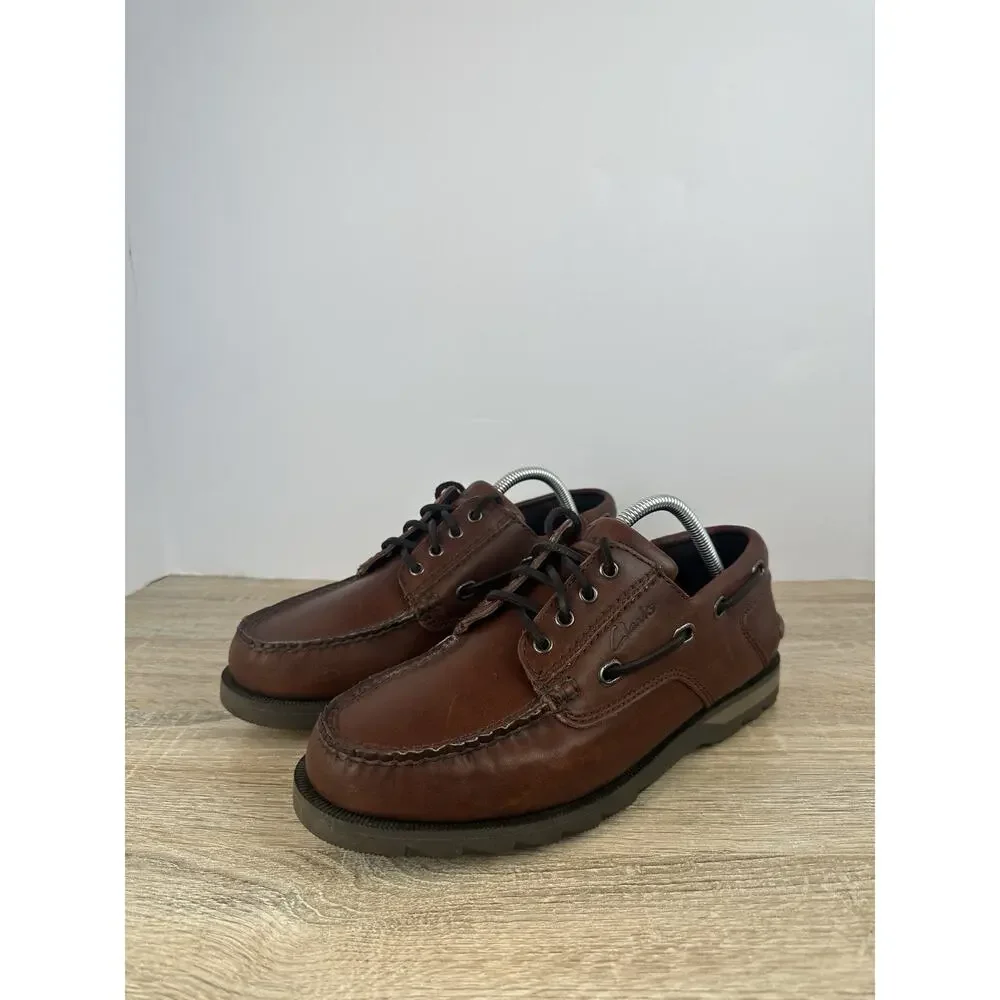 Clarks Active Air Men’s Brown Leather Boat Shoes Moc Toe Lace Up US 9 EU 42